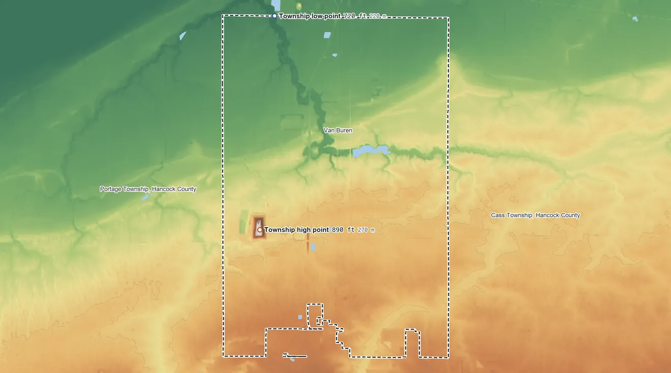 Topographic elevation map of Allen Township, Hancock County, Ohio, shaded from 720 ft on the north side to 890 ft on the west side