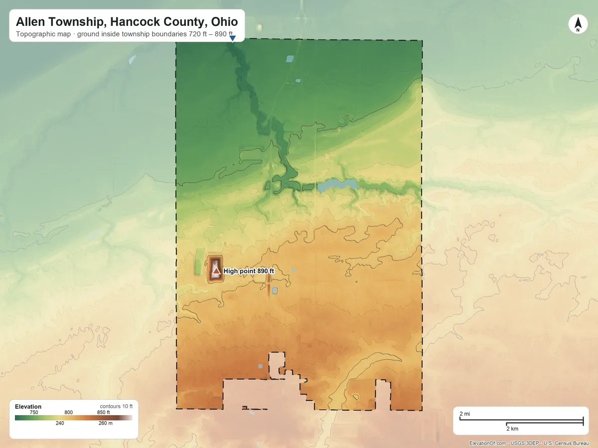 Topographic elevation map of Allen Township, Hancock County, Ohio, shaded from 720 ft on the north side to 890 ft on the west side