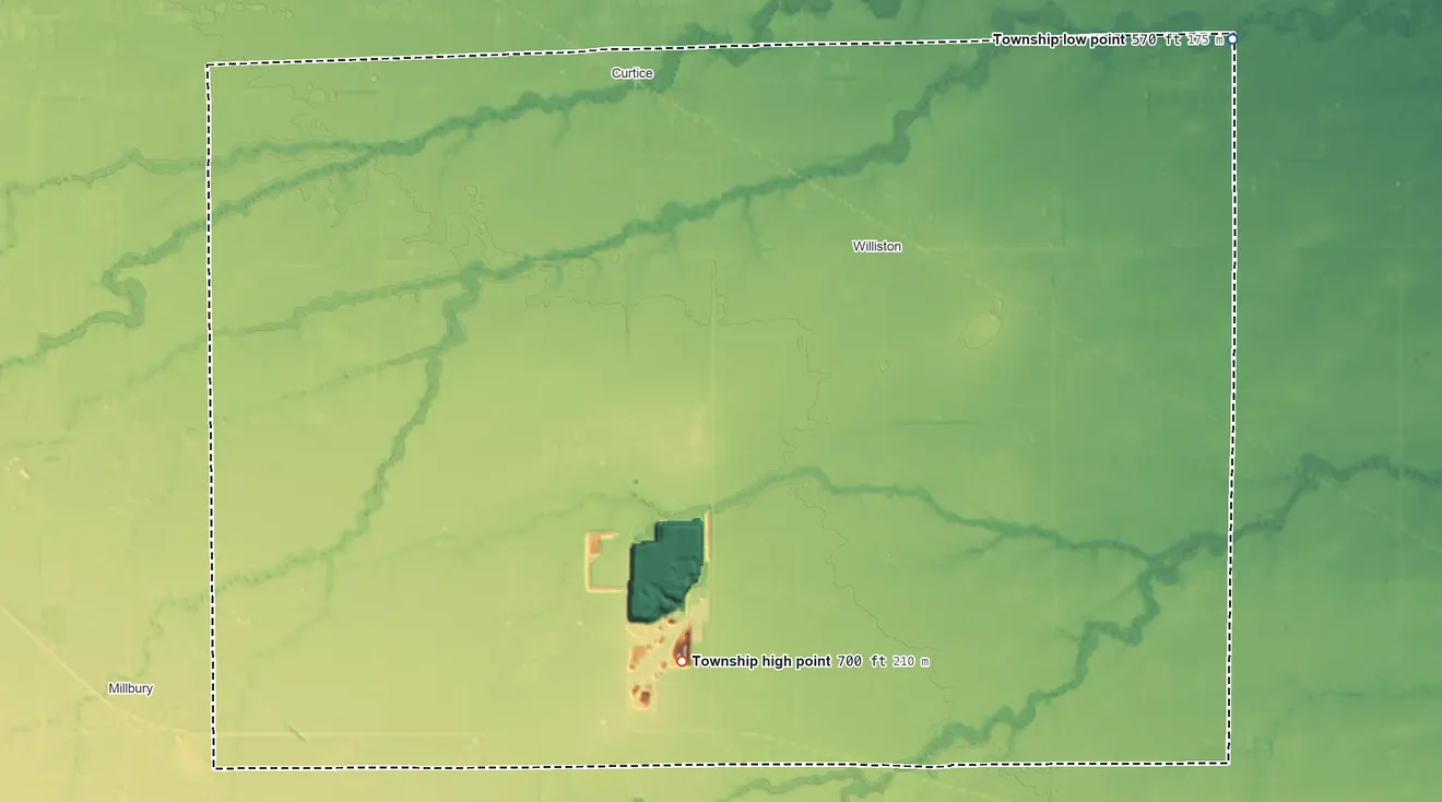 Topographic elevation map of Allen Township, Ohio, shaded from 570 ft on the northeast side to 700 ft on the south side