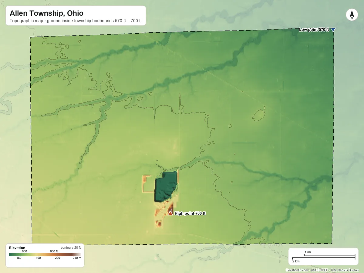 Topographic elevation map of Allen Township, Ohio, shaded from 570 ft on the northeast side to 700 ft on the south side
