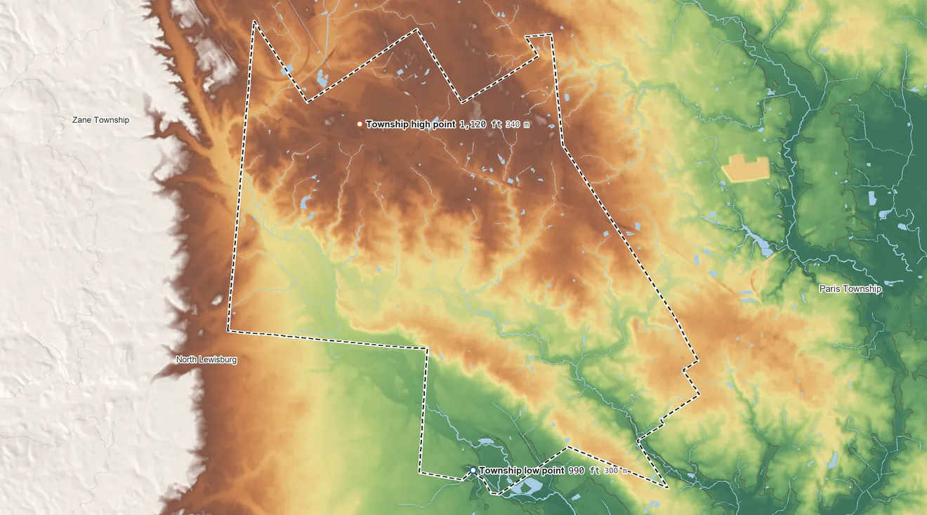 Topographic elevation map of Allen Township, Union County, Ohio, shaded from 990 ft on the south side to 1,120 ft on the northwest side