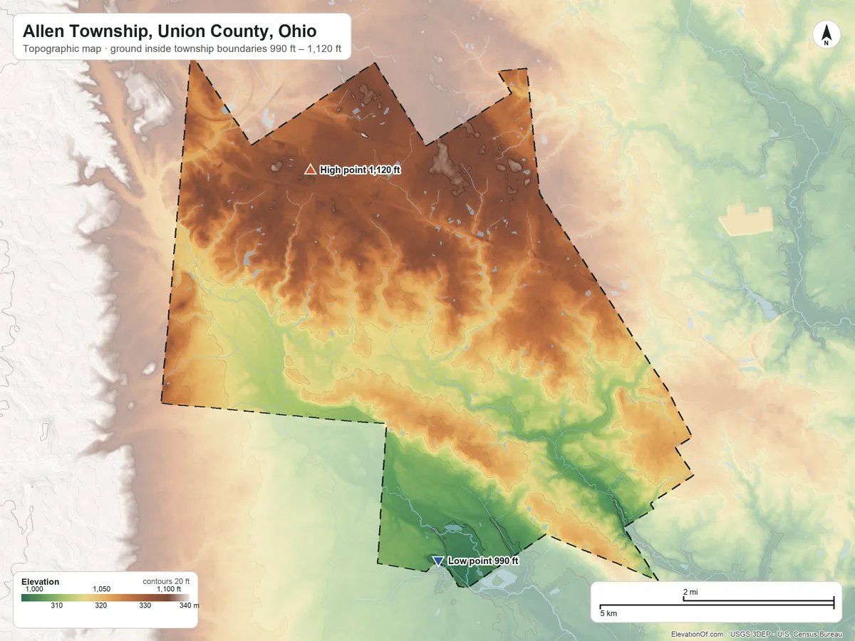 Topographic elevation map of Allen Township, Union County, Ohio, shaded from 990 ft on the south side to 1,120 ft on the northwest side