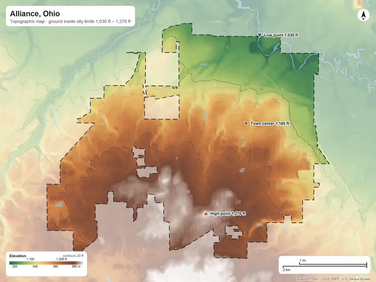 Topographic elevation map of Alliance, Ohio, shaded from 1,030 ft on the north side to 1,270 ft on the southwest side