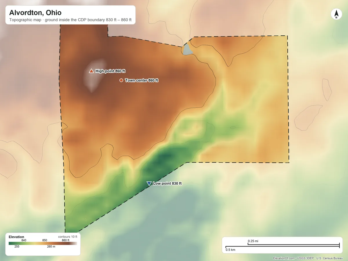 Topographic elevation map of Alvordton, Ohio, shaded from 830 ft on the south side to 860 ft near the middle