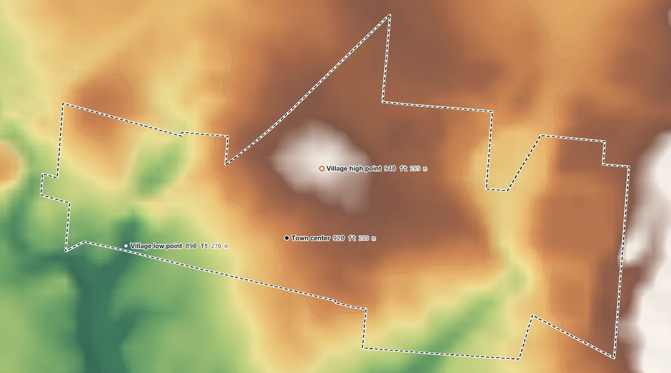 Topographic elevation map of Amanda, Ohio, shaded from 890 ft on the west side to 940 ft on the northeast side