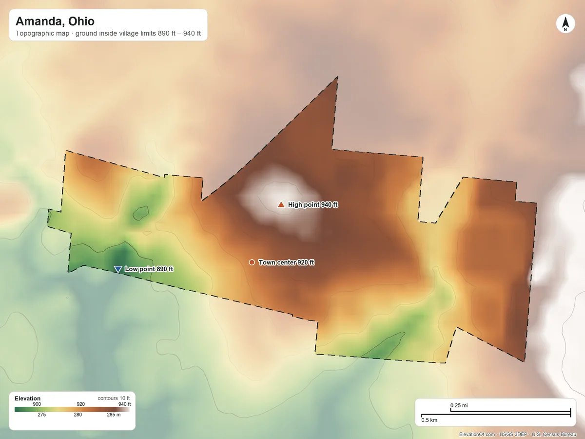 Topographic elevation map of Amanda, Ohio, shaded from 890 ft on the west side to 940 ft on the northeast side