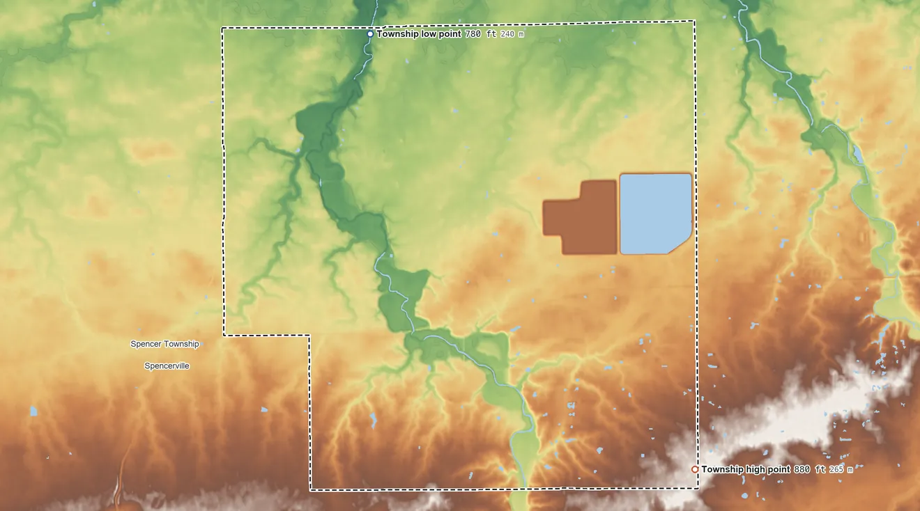 Topographic elevation map of Amanda Township, Allen County, Ohio, shaded from 780 ft on the northwest side to 880 ft on the southeast side