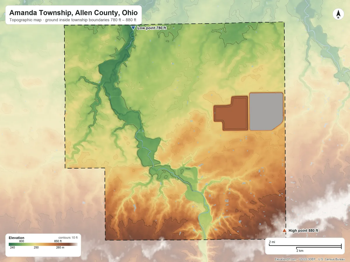 Topographic elevation map of Amanda Township, Allen County, Ohio, shaded from 780 ft on the northwest side to 880 ft on the southeast side