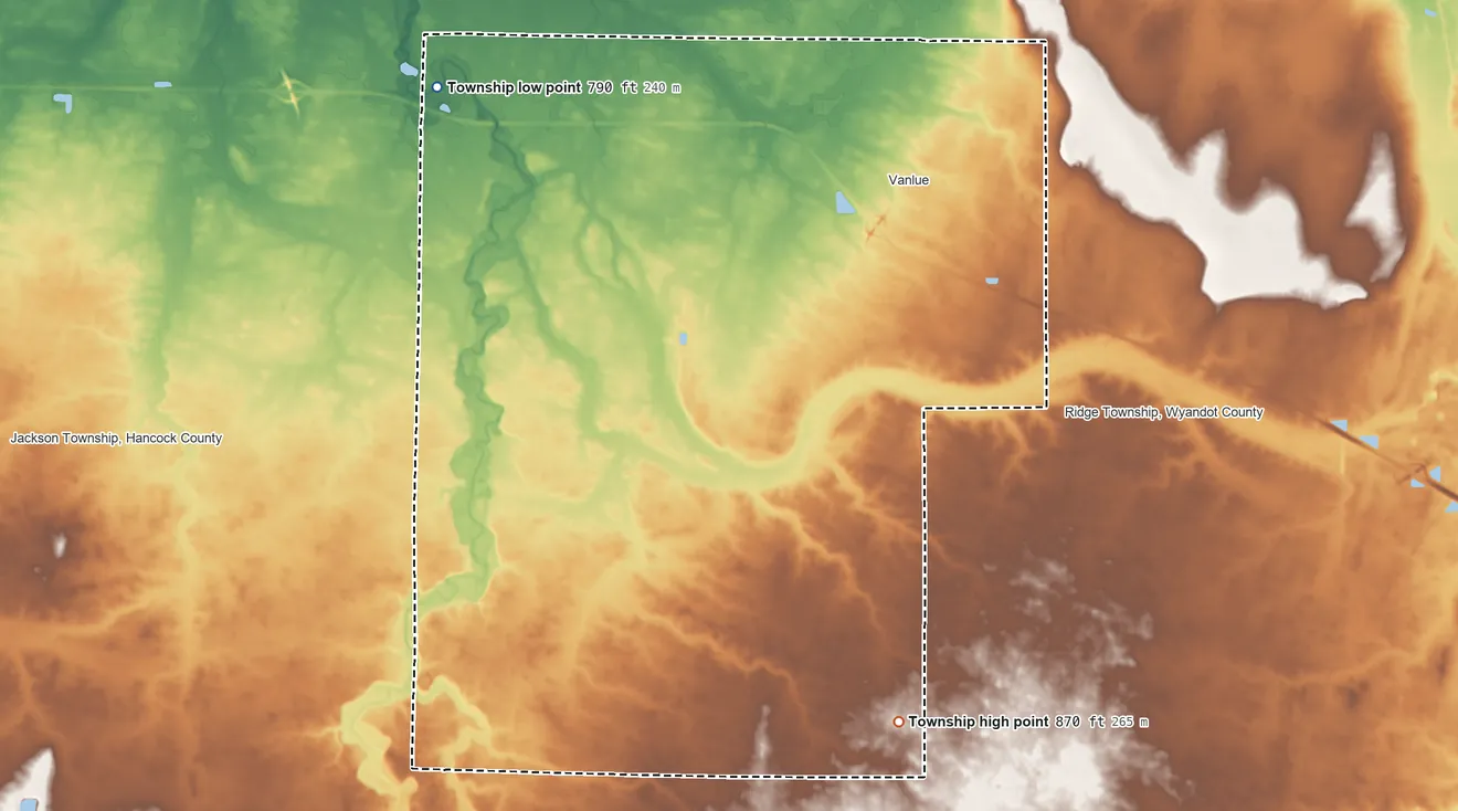 Topographic elevation map of Amanda Township, Hancock County, Ohio, shaded from 790 ft on the northwest side to 870 ft on the south side