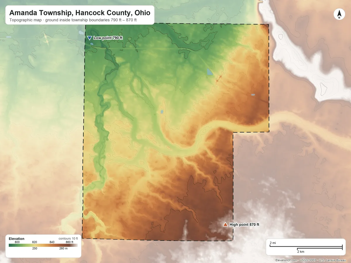 Topographic elevation map of Amanda Township, Hancock County, Ohio, shaded from 790 ft on the northwest side to 870 ft on the south side