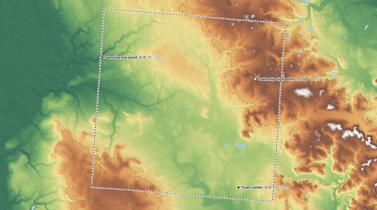 Topographic elevation map of Amanda Township, Ohio, shaded from 820 ft on the northwest side to 1,180 ft on the north side