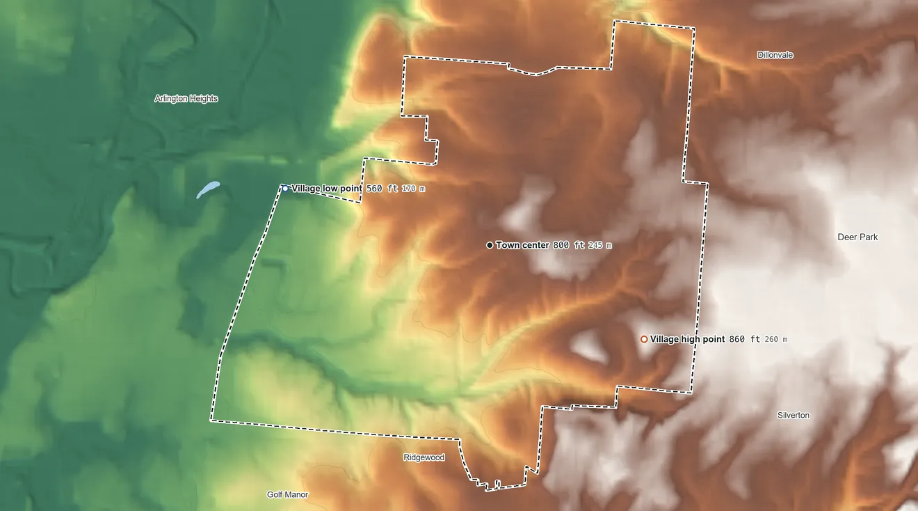Topographic elevation map of Amberley, Ohio, shaded from 560 ft on the west side to 860 ft on the southeast side