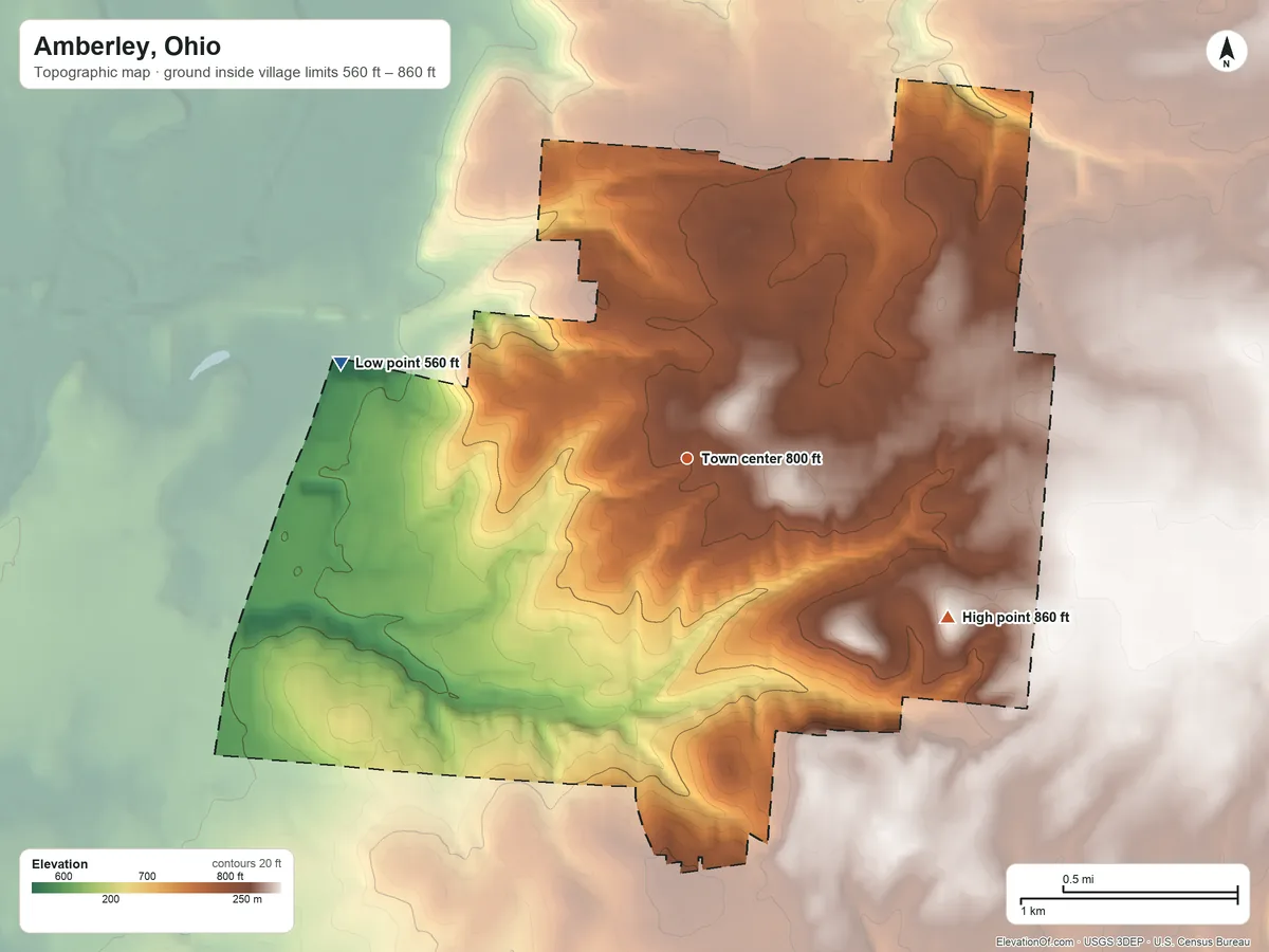 Topographic elevation map of Amberley, Ohio, shaded from 560 ft on the west side to 860 ft on the southeast side