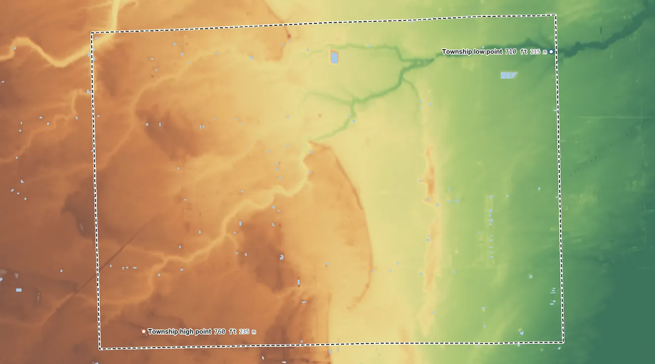 Topographic elevation map of Amboy Township, Ohio, shaded from 710 ft on the northeast side to 760 ft on the southwest side