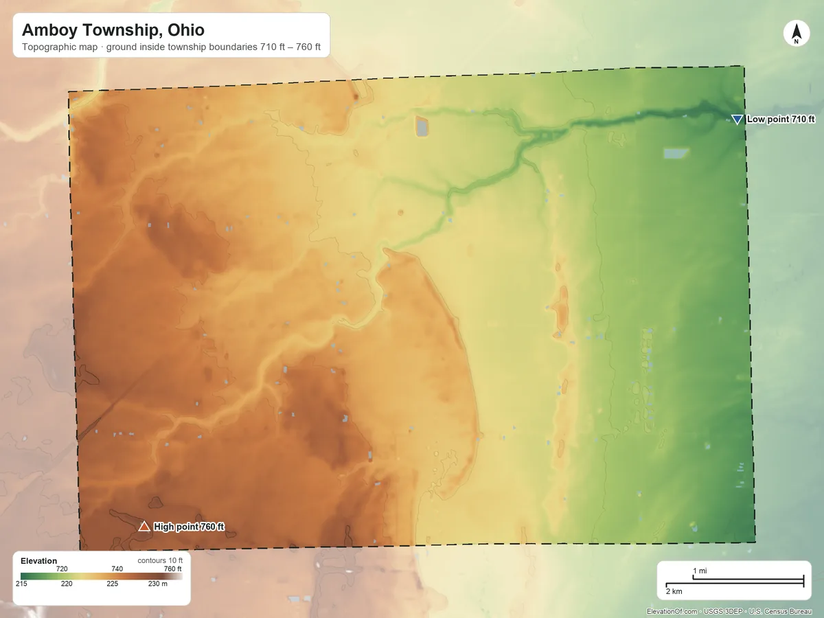 Topographic elevation map of Amboy Township, Ohio, shaded from 710 ft on the northeast side to 760 ft on the southwest side