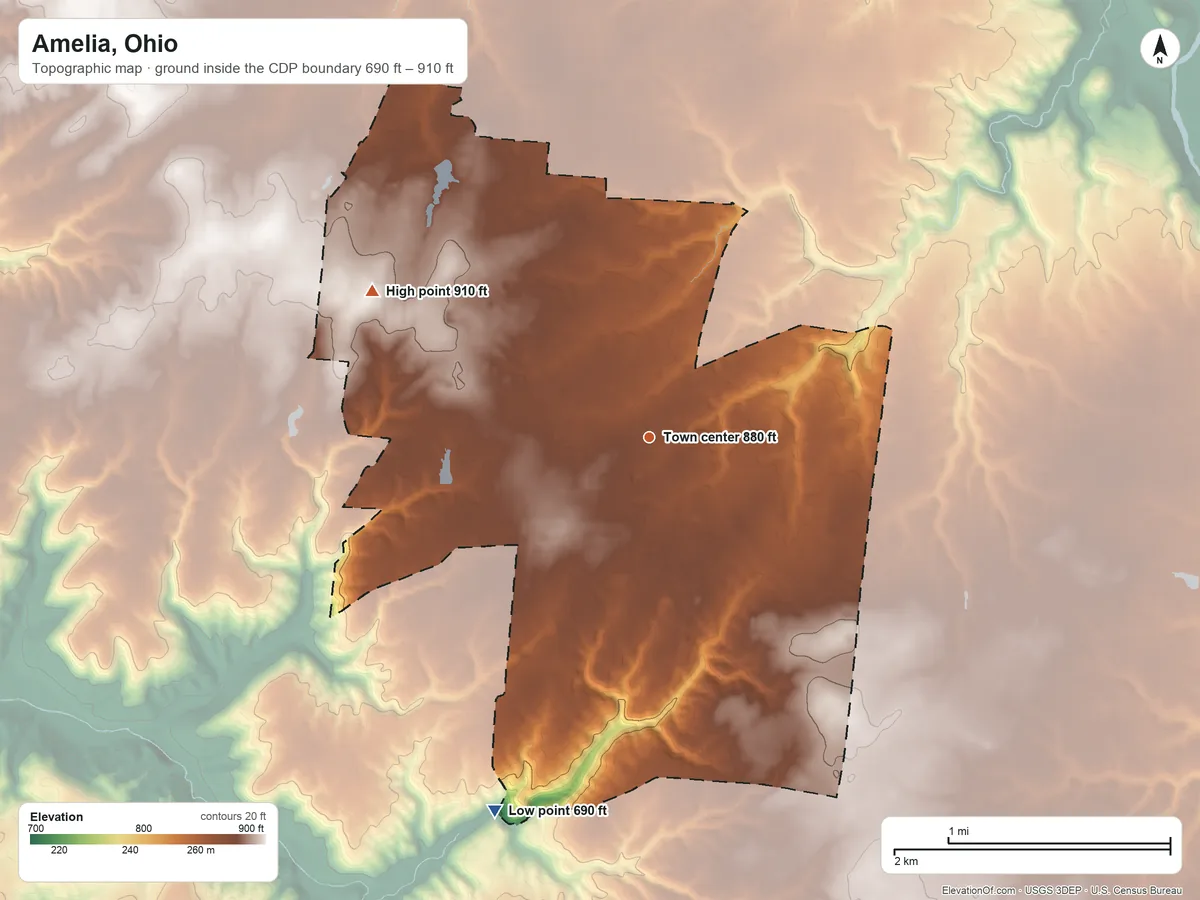 Topographic elevation map of Amelia, Ohio, shaded from 690 ft on the south side to 910 ft on the northwest side