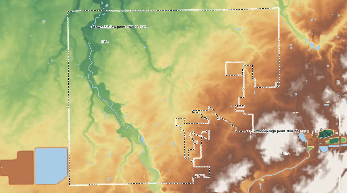 Topographic elevation map of American Township, Ohio, shaded from 780 ft on the northwest side to 880 ft on the southeast side
