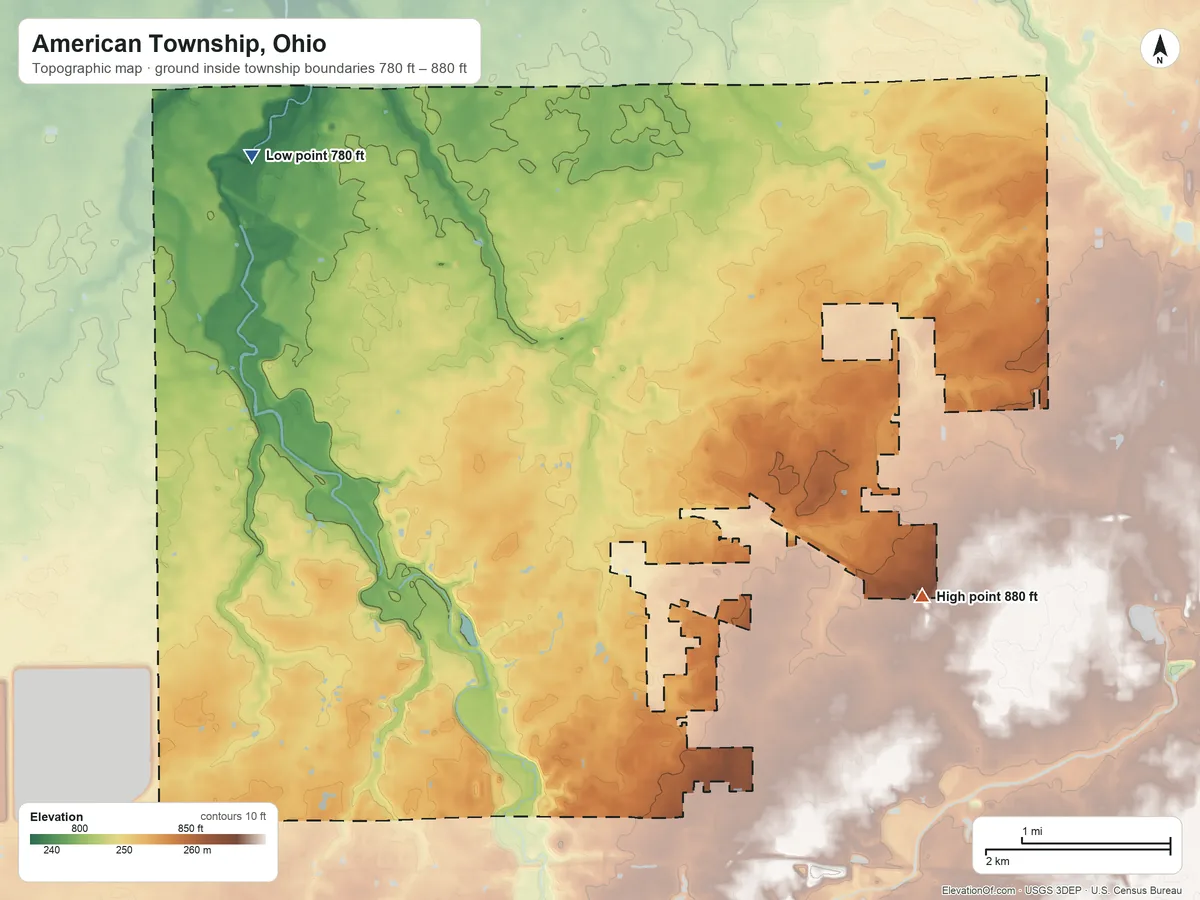 Topographic elevation map of American Township, Ohio, shaded from 780 ft on the northwest side to 880 ft on the southeast side