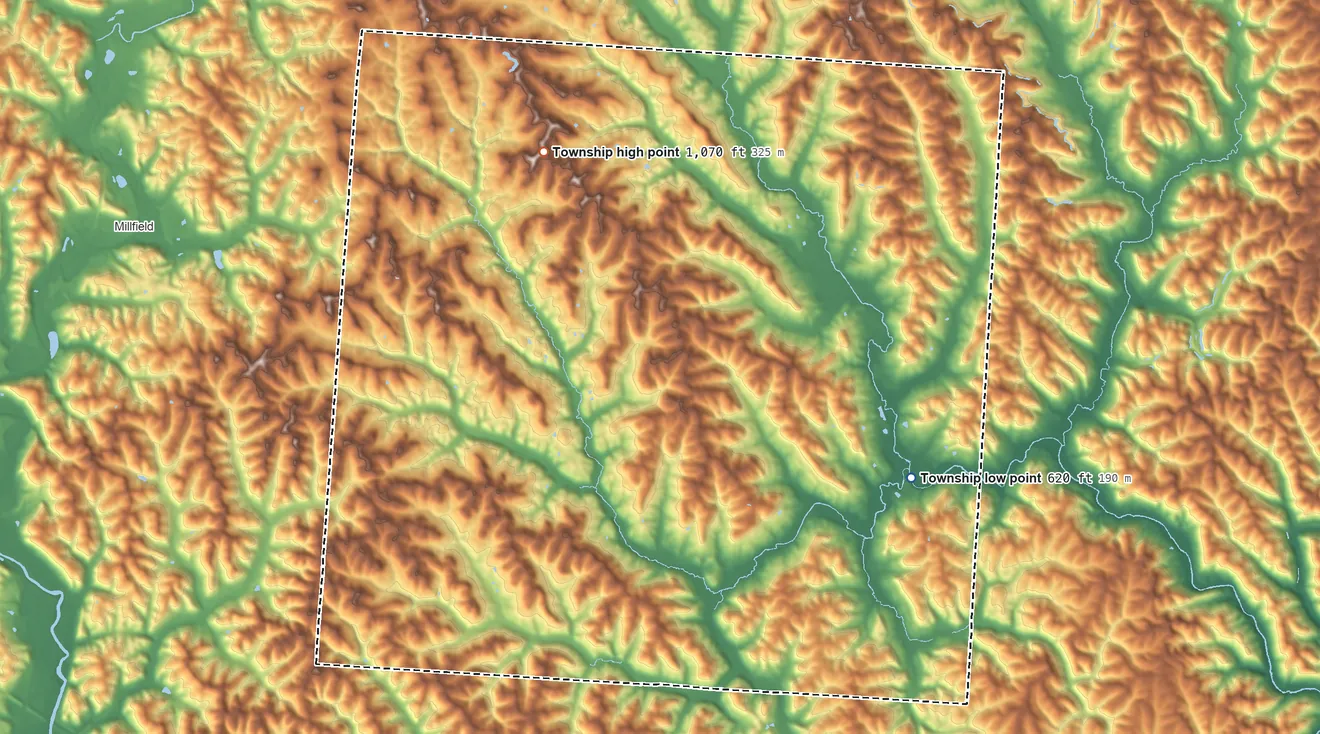 Topographic elevation map of Ames Township, Ohio, shaded from 620 ft on the southeast side to 1,070 ft on the northwest side