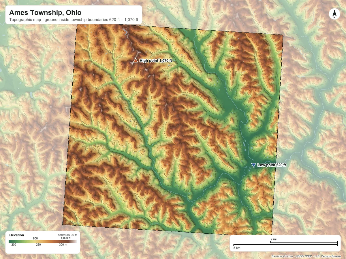 Topographic elevation map of Ames Township, Ohio, shaded from 620 ft on the southeast side to 1,070 ft on the northwest side