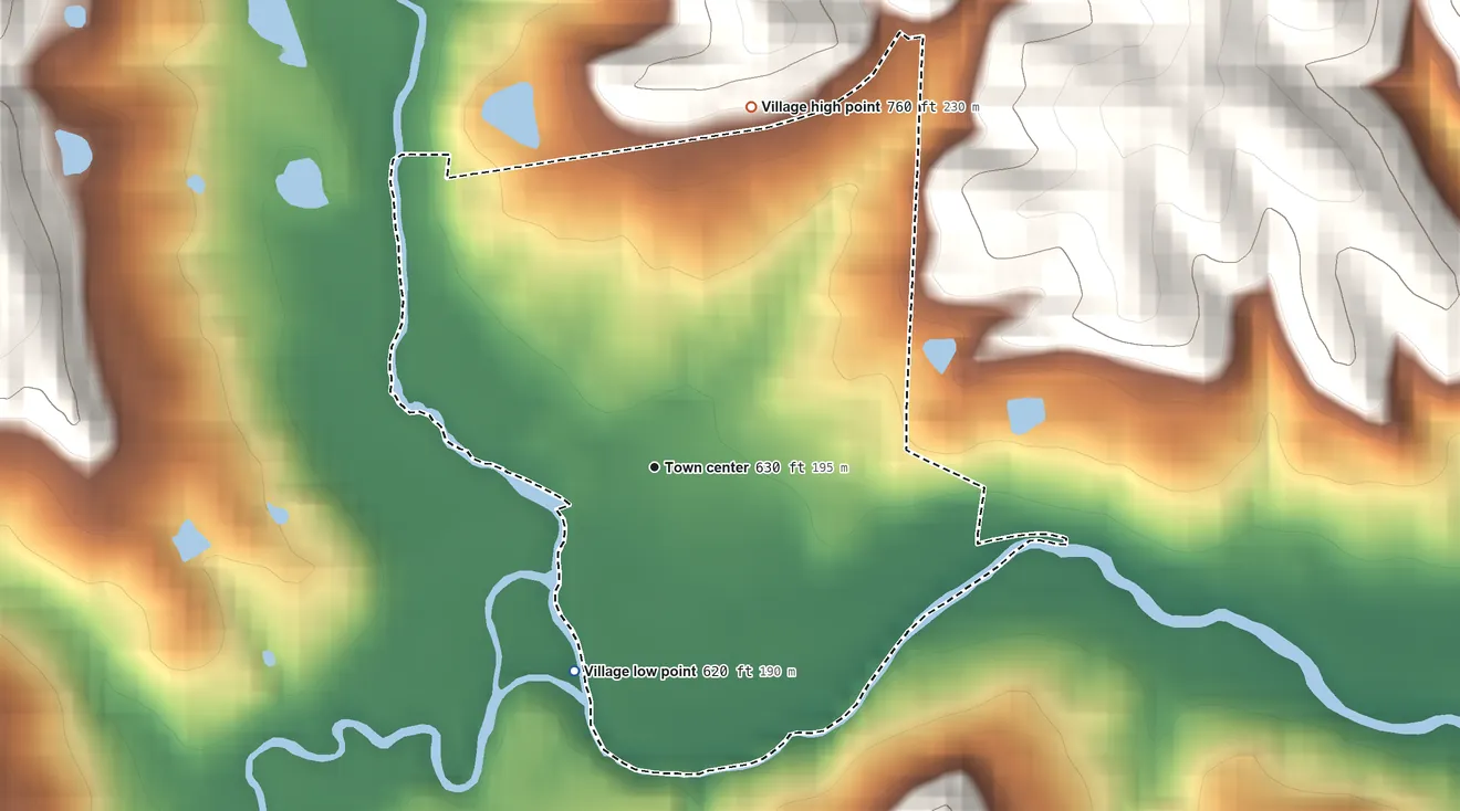 Topographic elevation map of Amesville, Ohio, shaded from 620 ft on the south side to 760 ft on the north side