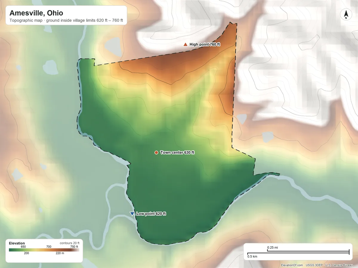 Topographic elevation map of Amesville, Ohio, shaded from 620 ft on the south side to 760 ft on the north side