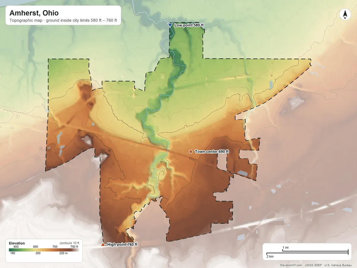 Topographic elevation map of Amherst, Ohio, shaded from 580 ft on the north side to 760 ft on the southwest side