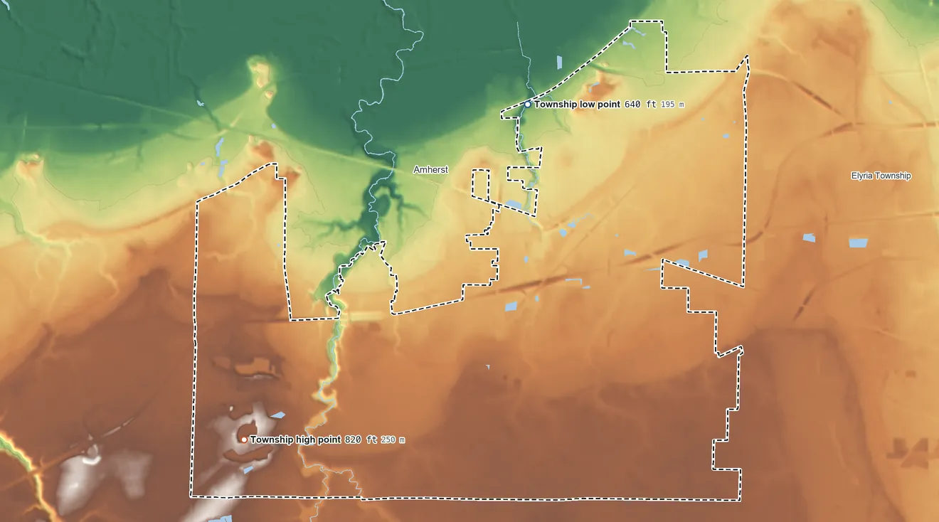 Topographic elevation map of Amherst Township, Ohio, shaded from 640 ft on the north side to 820 ft on the southwest side