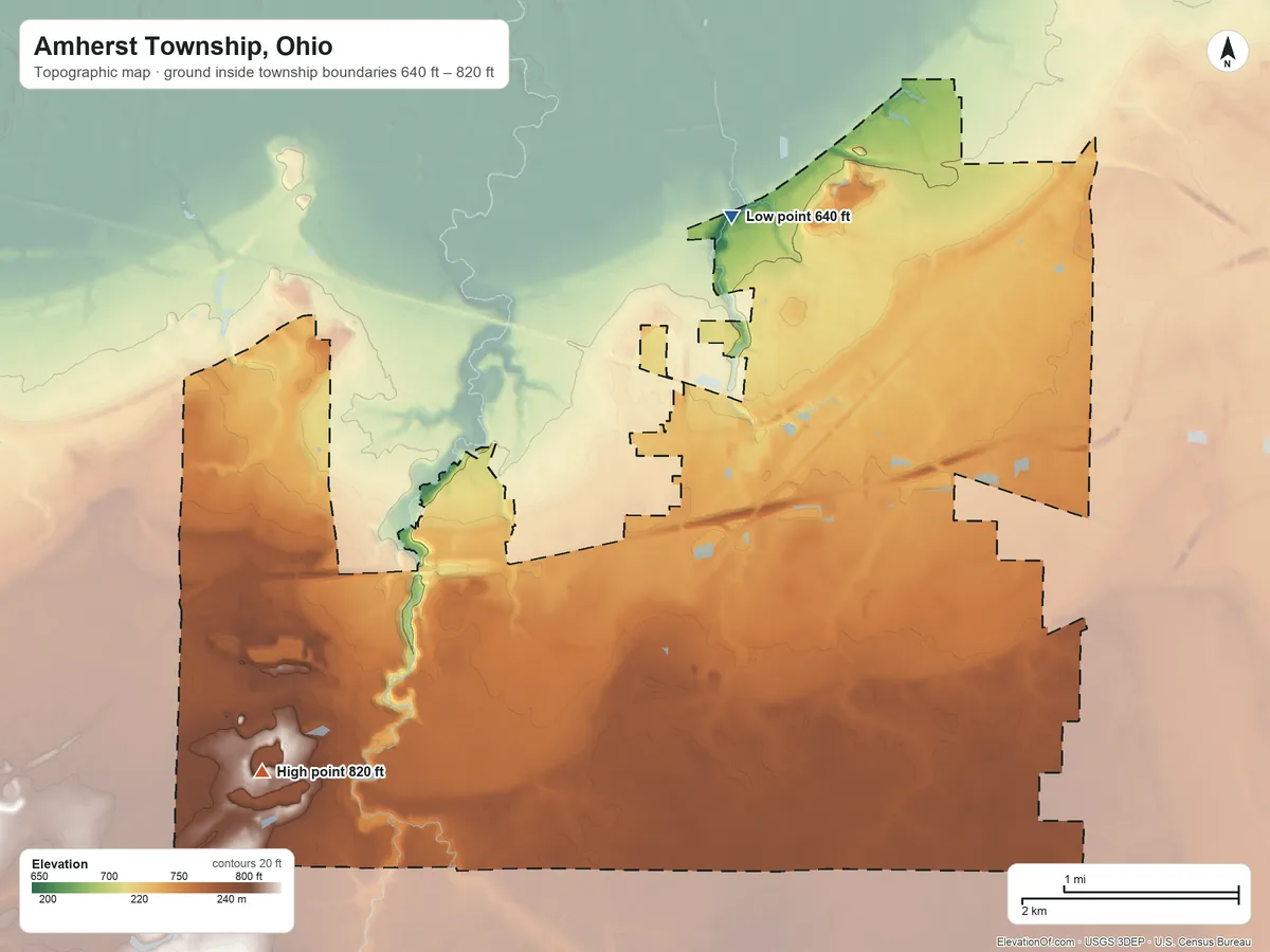 Topographic elevation map of Amherst Township, Ohio, shaded from 640 ft on the north side to 820 ft on the southwest side