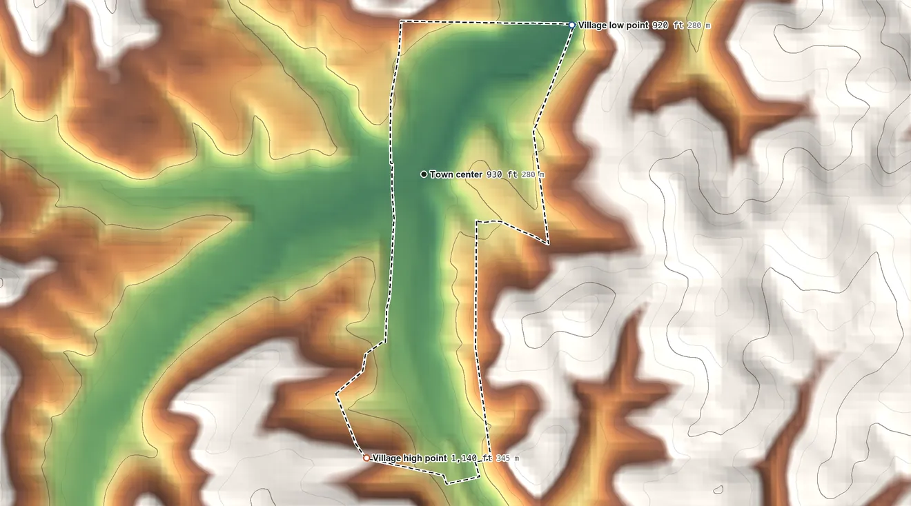 Topographic elevation map of Amsterdam, Ohio, shaded from 920 ft on the northeast side to 1,140 ft on the south side