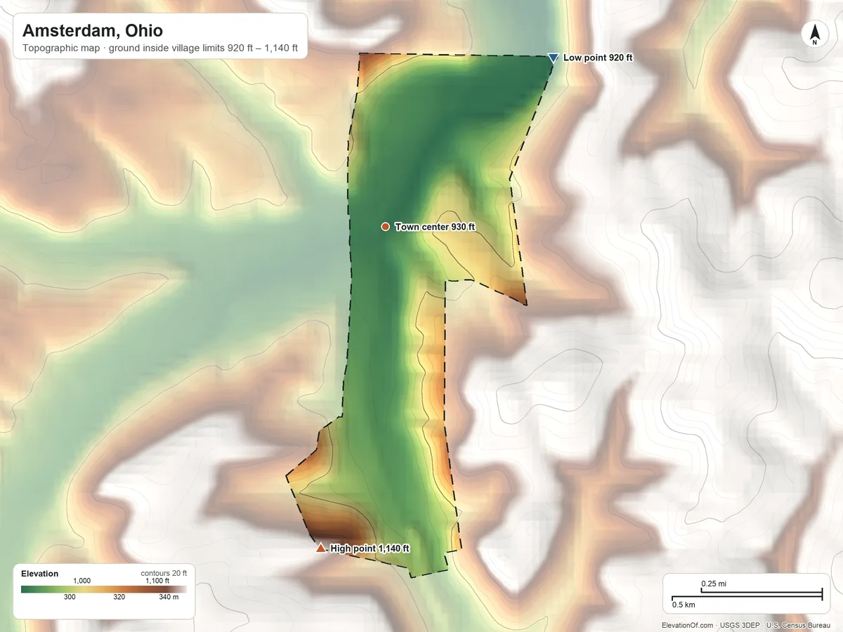 Topographic elevation map of Amsterdam, Ohio, shaded from 920 ft on the northeast side to 1,140 ft on the south side