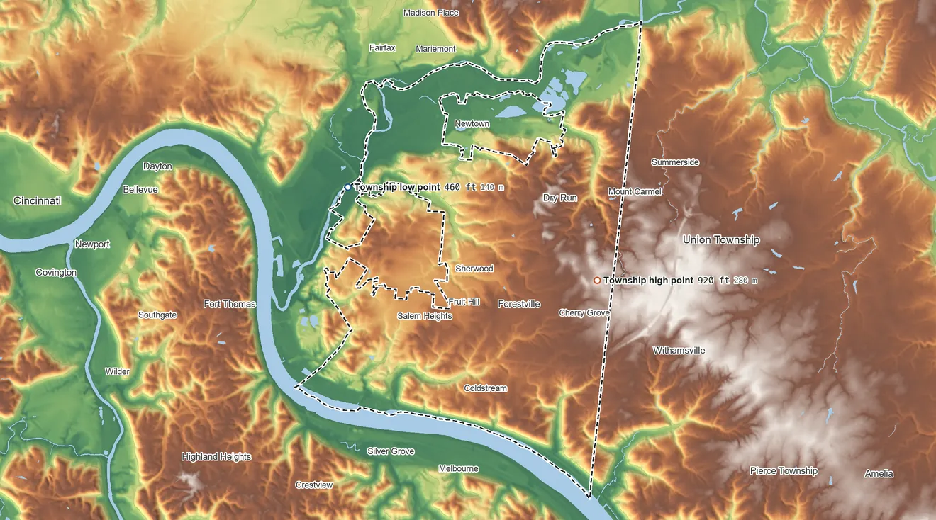 Topographic elevation map of Anderson Township, Ohio, shaded from 460 ft on the northwest side to 920 ft on the east side