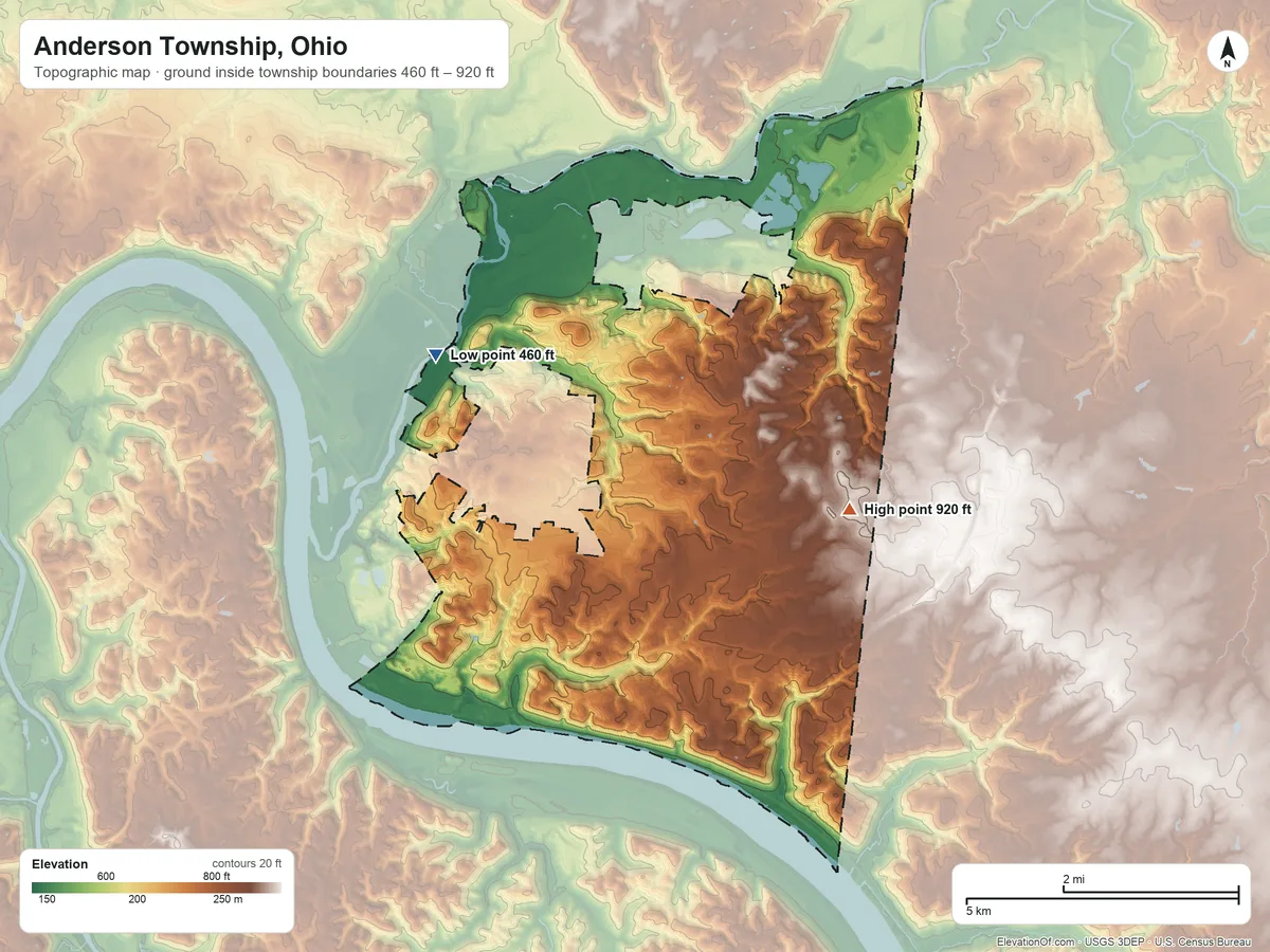 Topographic elevation map of Anderson Township, Ohio, shaded from 460 ft on the northwest side to 920 ft on the east side