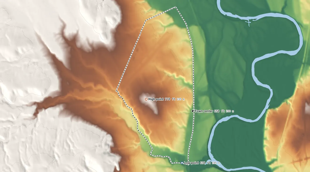 Topographic elevation map of Andersonville, Ohio, shaded from 630 ft on the south side to 770 ft on the west side