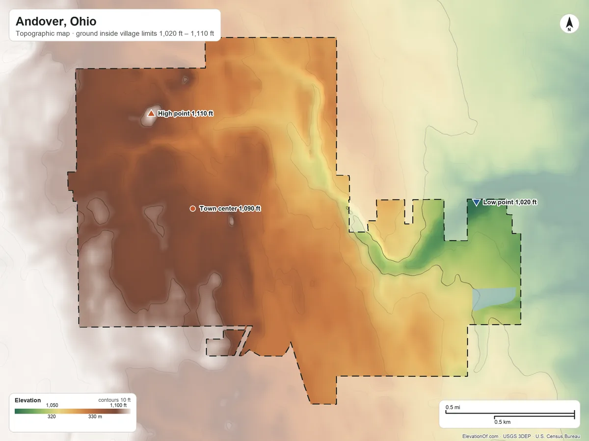 Topographic elevation map of Andover, Ohio, shaded from 1,020 ft on the east side to 1,110 ft on the northwest side