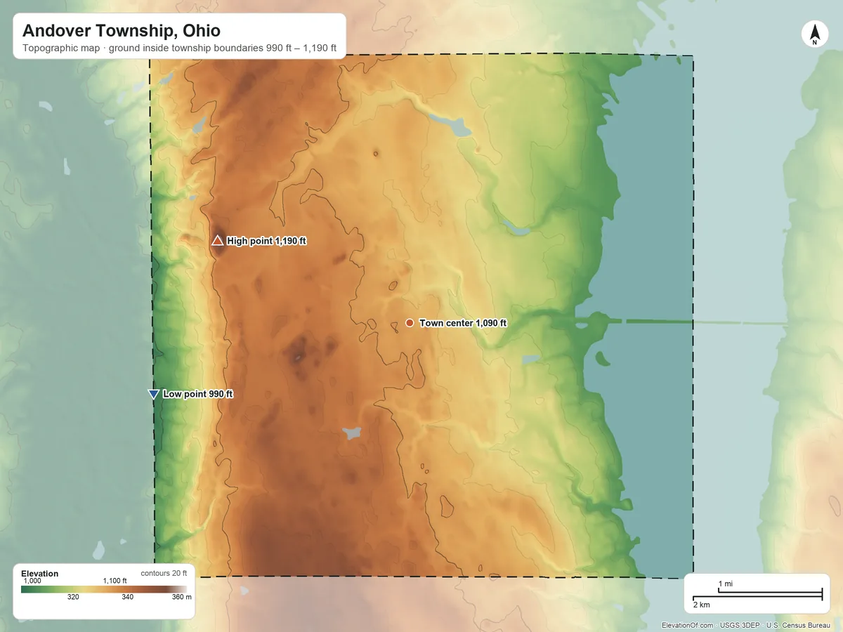 Topographic elevation map of Andover Township, Ohio, shaded from 990 ft on the west side to 1,190 ft on Owens Mound