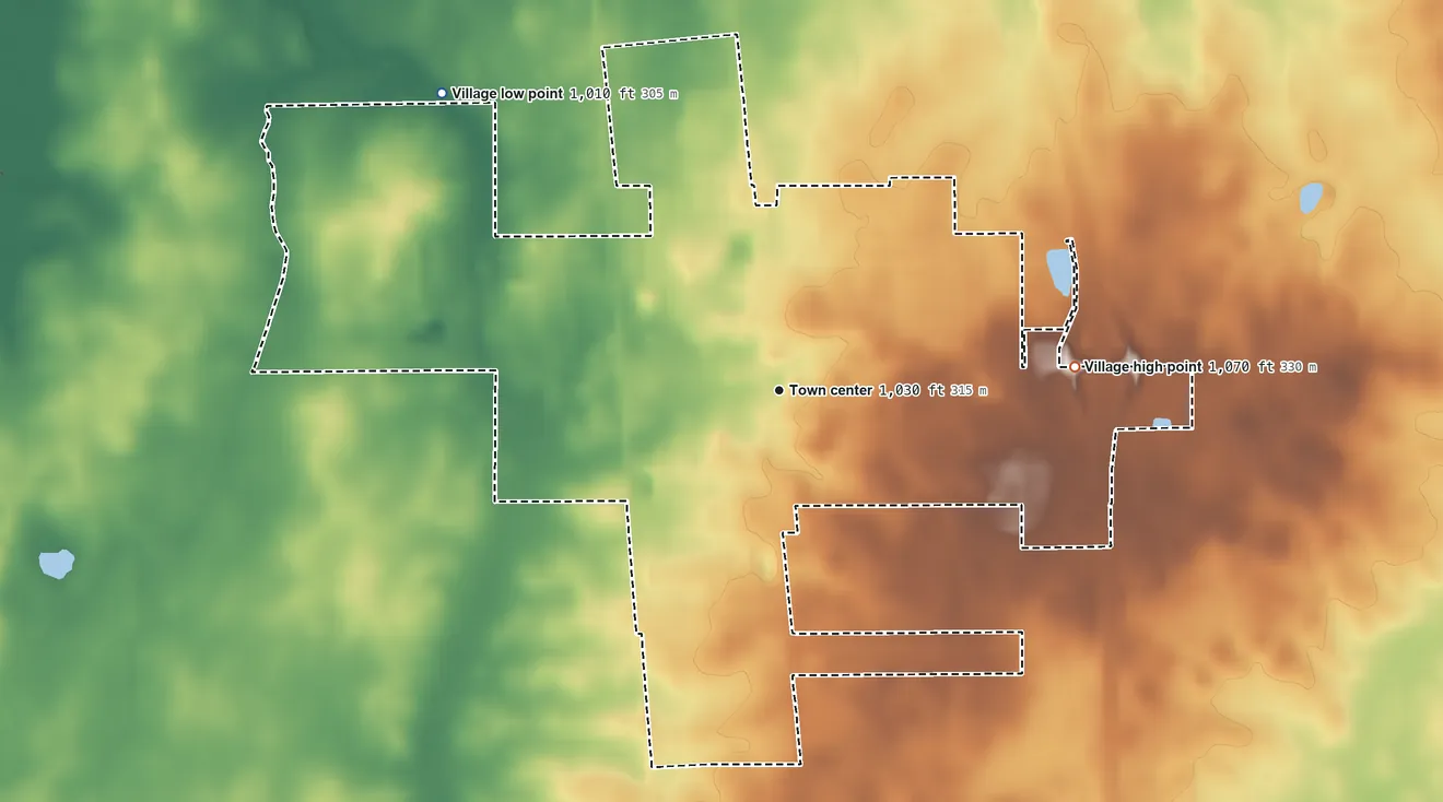 Topographic elevation map of Anna, Ohio, shaded from 1,010 ft on the northwest side to 1,070 ft on the east side