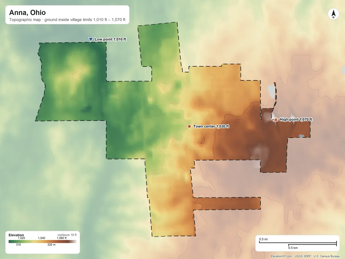 Topographic elevation map of Anna, Ohio, shaded from 1,010 ft on the northwest side to 1,070 ft on the east side