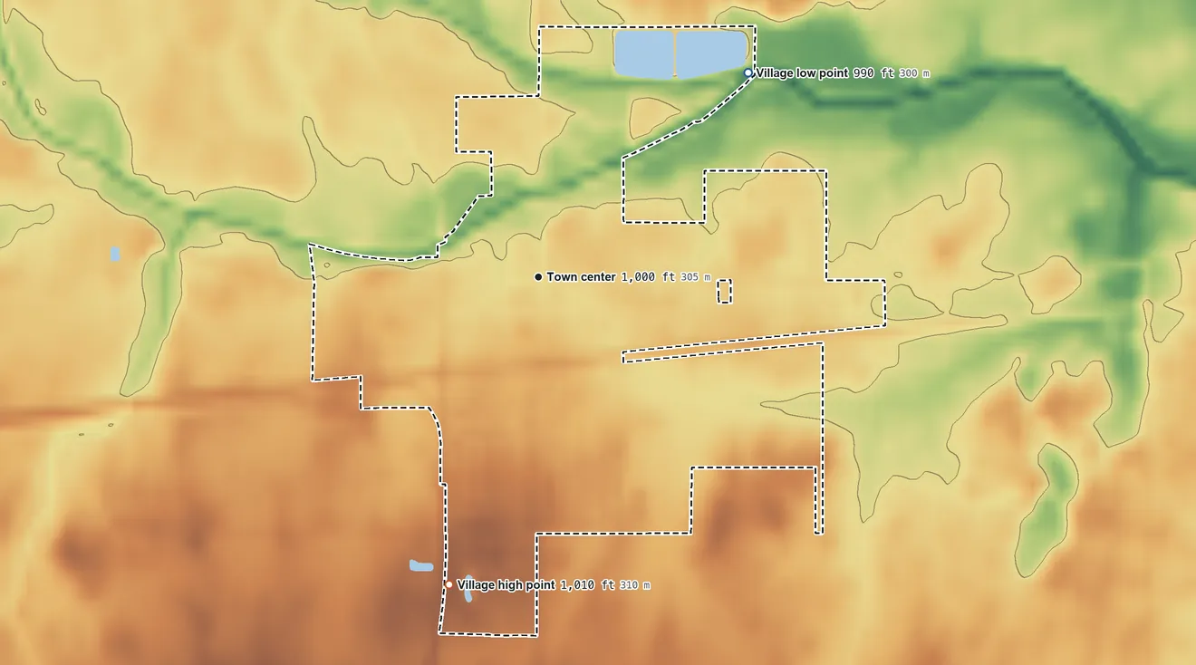 Topographic elevation map of Ansonia, Ohio, shaded from 990 ft on the northeast side to 1,010 ft on the south side