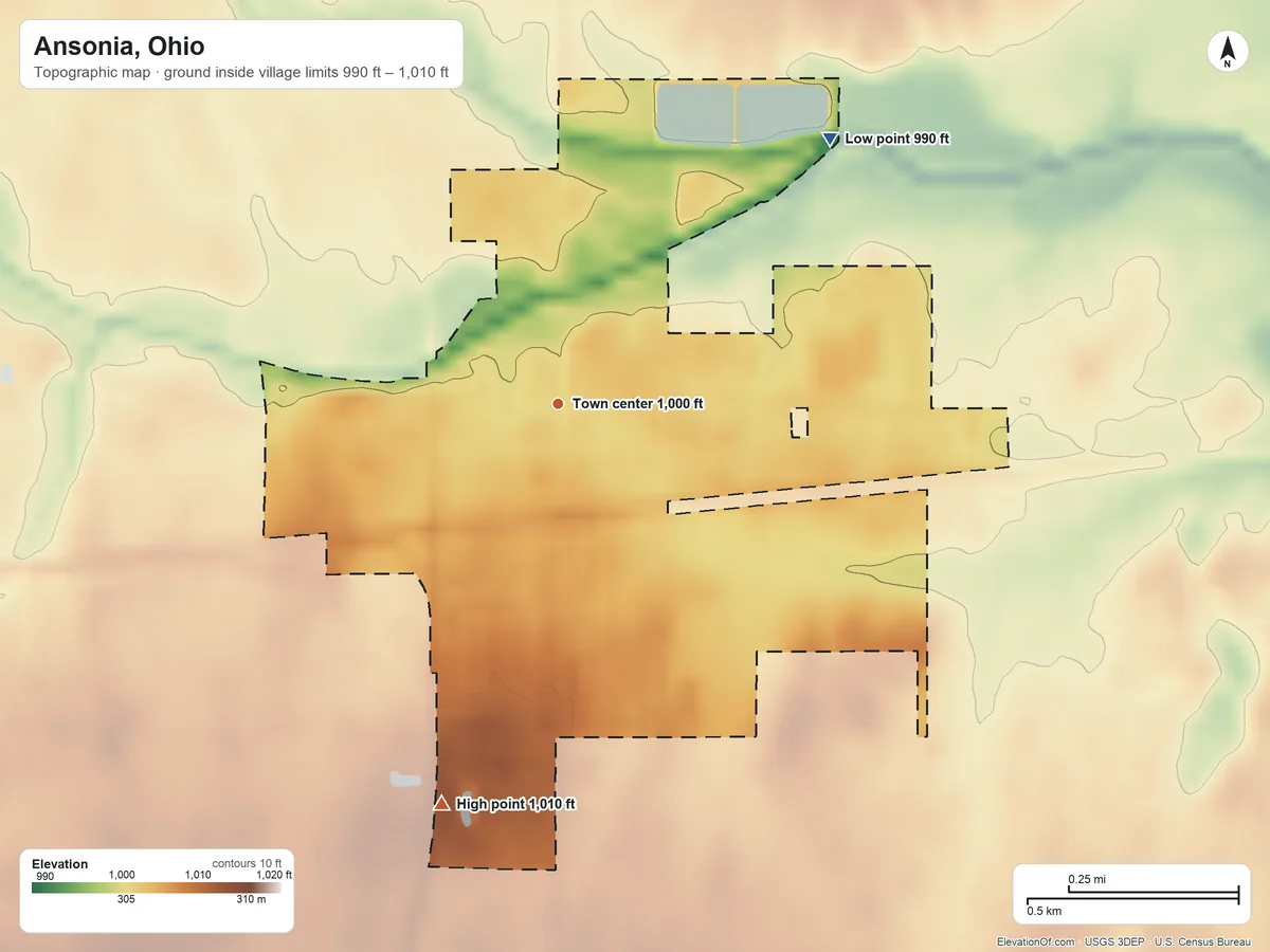 Topographic elevation map of Ansonia, Ohio, shaded from 990 ft on the northeast side to 1,010 ft on the south side