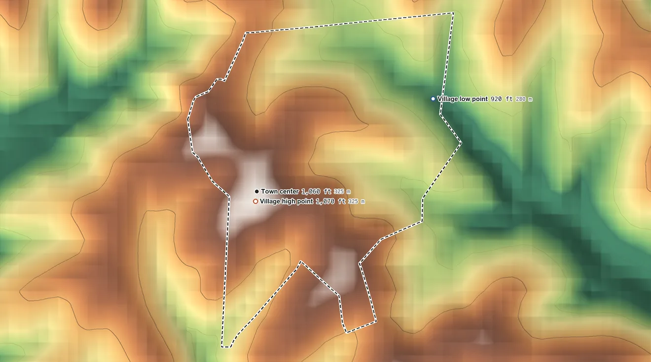 Topographic elevation map of Antioch, Ohio, shaded from 920 ft on the northeast side to 1,070 ft near the middle