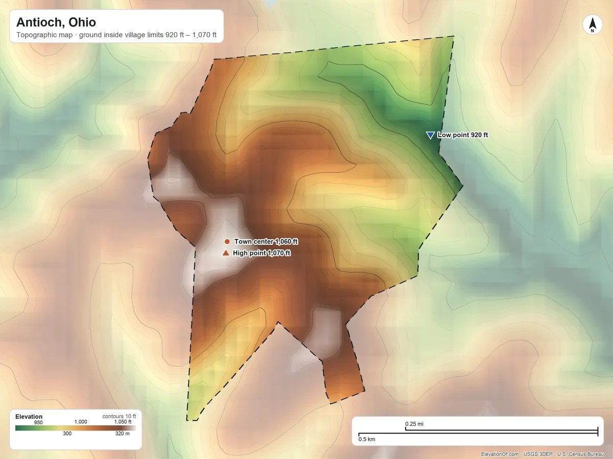 Topographic elevation map of Antioch, Ohio, shaded from 920 ft on the northeast side to 1,070 ft near the middle