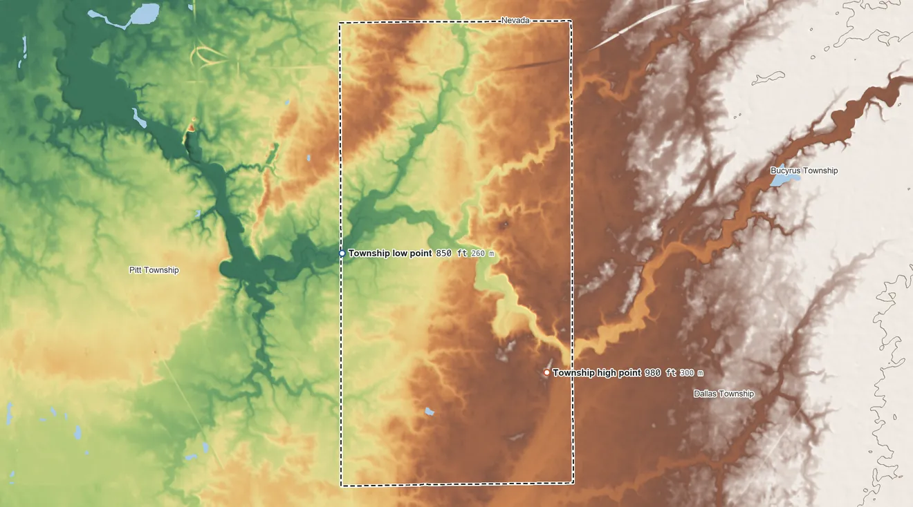 Topographic elevation map of Antrim Township, Ohio, shaded from 850 ft on the southwest side to 980 ft on the south side