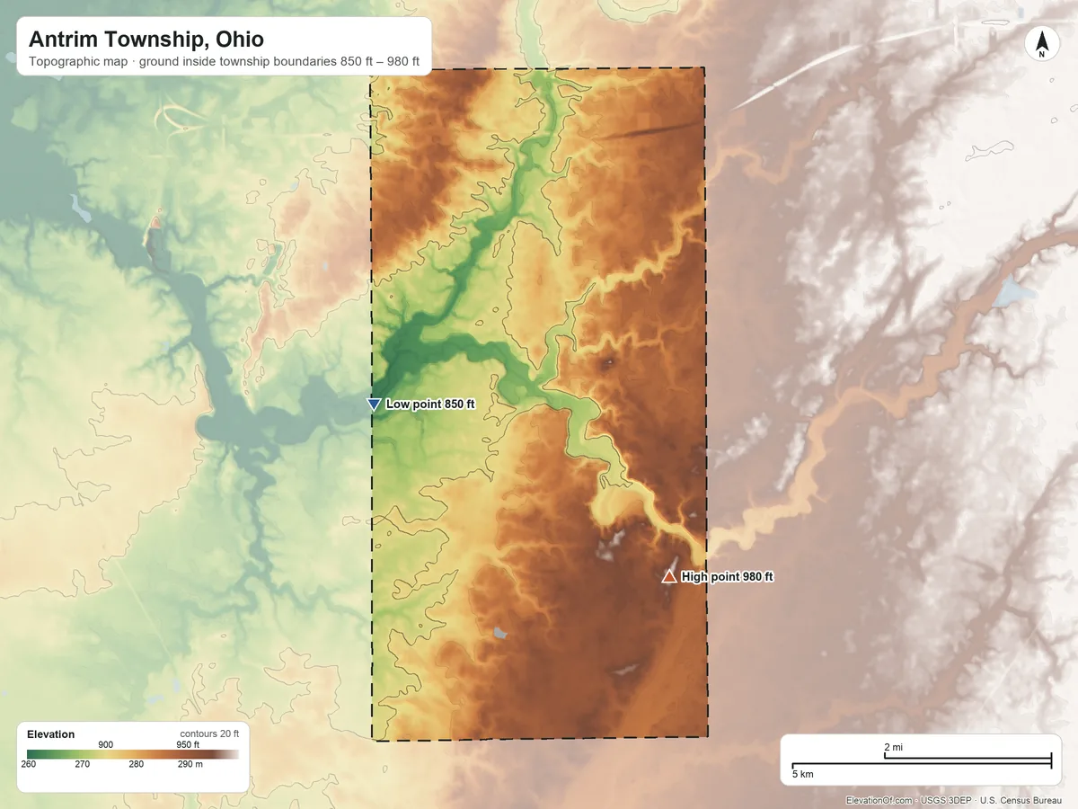 Topographic elevation map of Antrim Township, Ohio, shaded from 850 ft on the southwest side to 980 ft on the south side