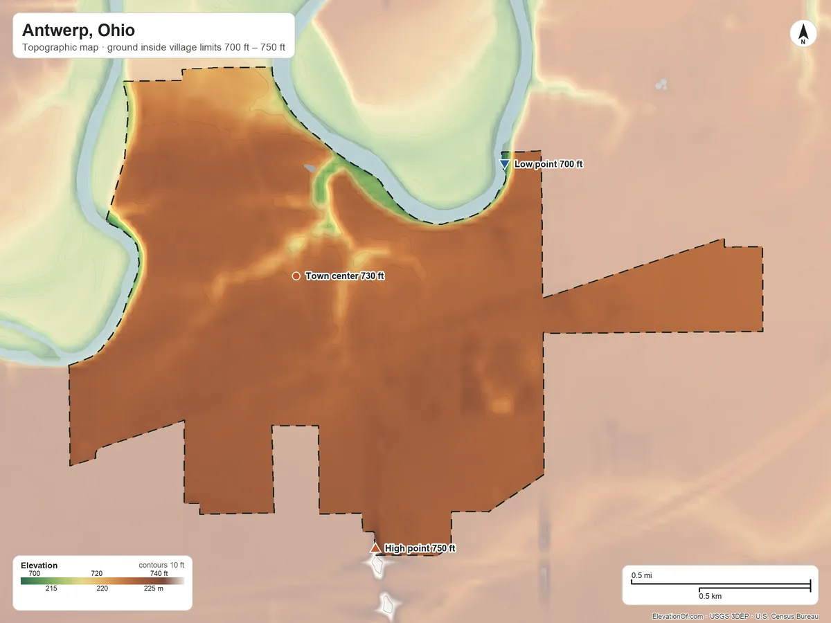 Topographic elevation map of Antwerp, Ohio, shaded from 700 ft on the northeast side to 750 ft on the south side