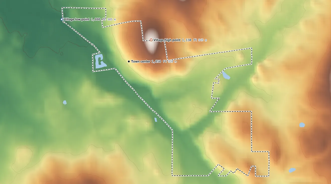 Topographic elevation map of Apple Creek, Ohio, shaded from 1,000 ft on the northwest side to 1,130 ft on the northeast side
