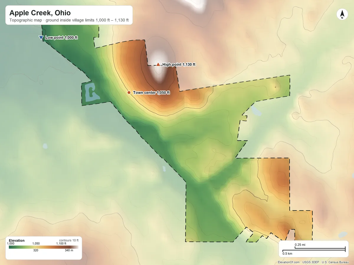 Topographic elevation map of Apple Creek, Ohio, shaded from 1,000 ft on the northwest side to 1,130 ft on the northeast side