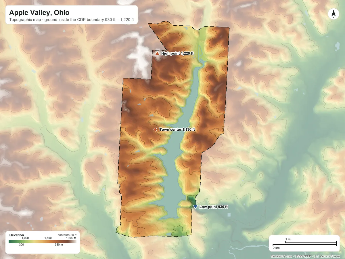 Topographic elevation map of Apple Valley, Ohio, shaded from 930 ft on the southeast side to 1,220 ft on the north side