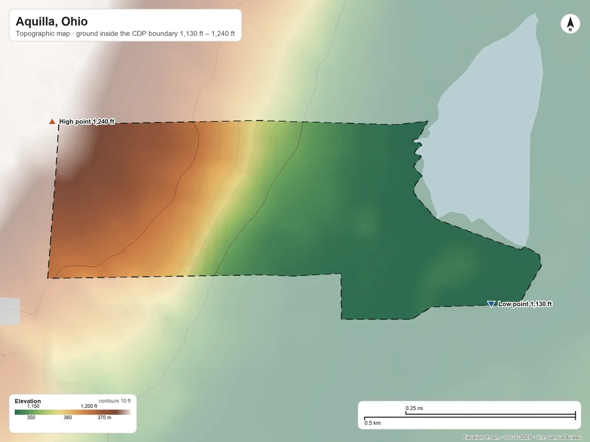 Topographic elevation map of Aquilla, Ohio, shaded from 1,130 ft on the southeast side to 1,240 ft on the west side