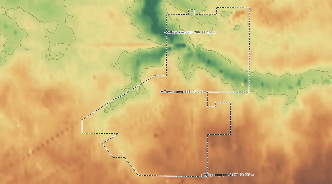 Topographic elevation map of Arcadia, Ohio, shaded from 790 ft on the north side to 820 ft on the southeast side